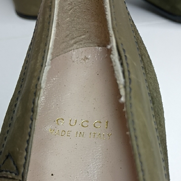 Vintage Gucci Olive Green Suede Block Kitten Heel Loafers Size 37 6.5 Vintage - Picture 2 of 13